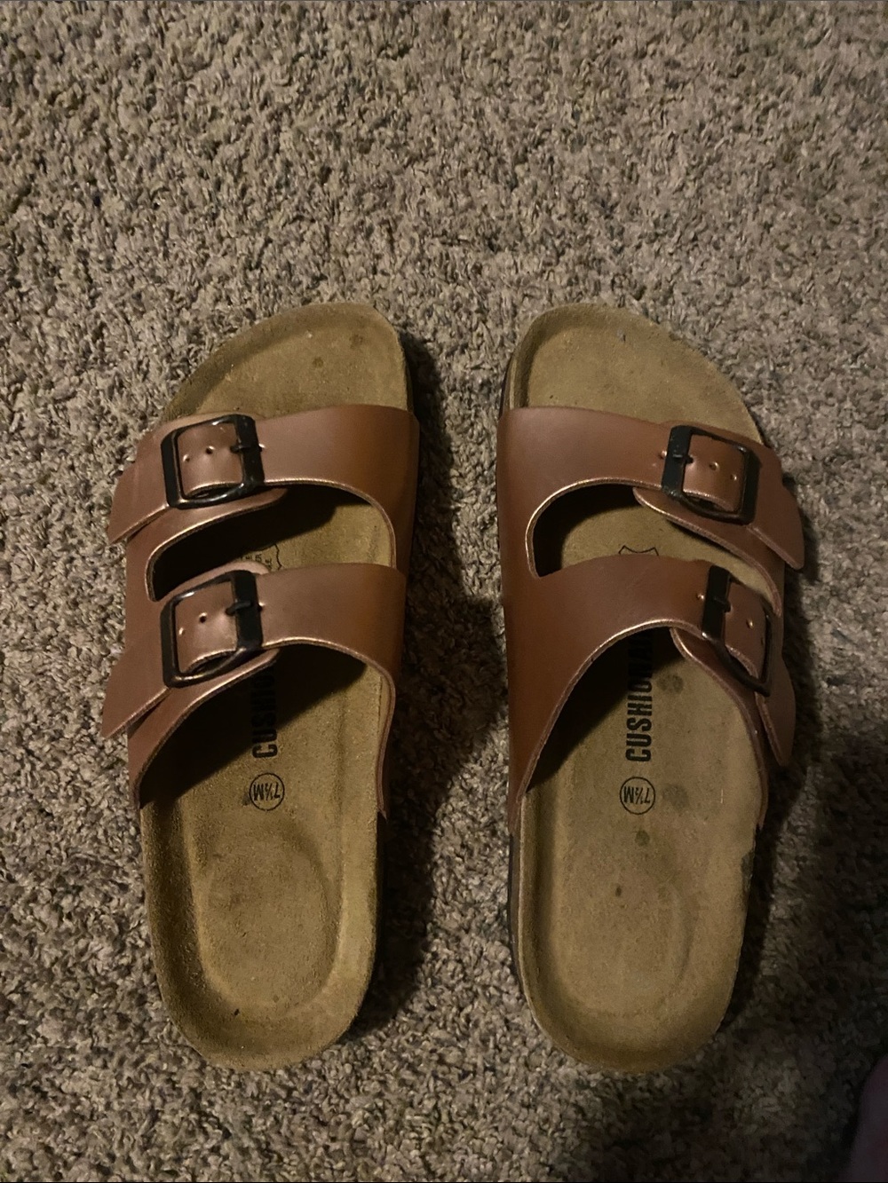 Women’s Double-Buckle Brown Leather Slide Sandals